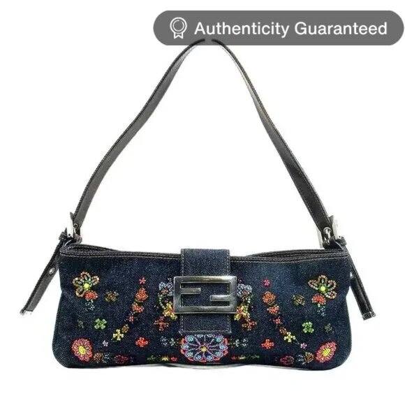 Fendi Handbags - Authentic FENDI Mamma Denim Mini Baguette Floral Beaded Shoulder Bag Purse FF
